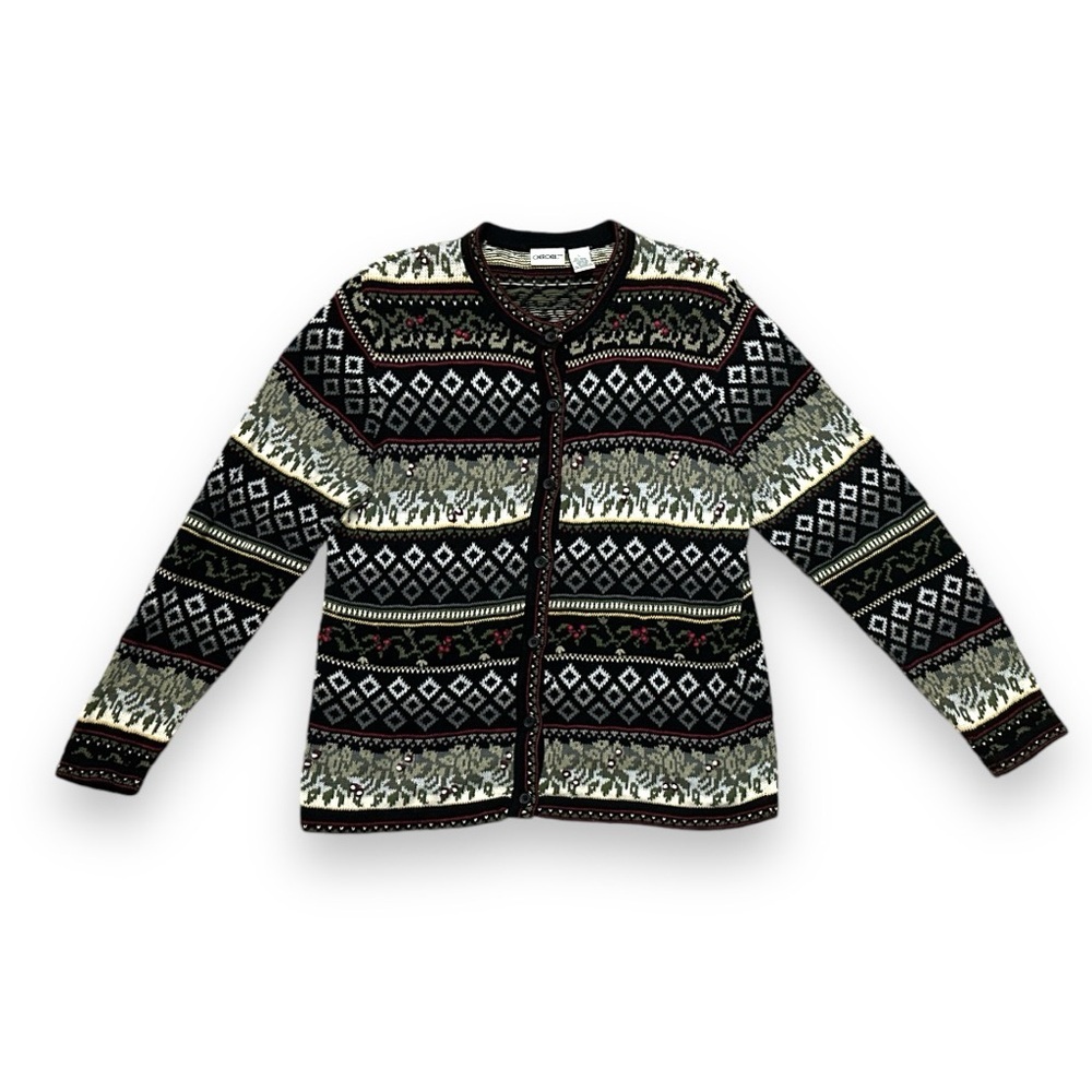 Vintage Cherokee Black Winter Knit Fair Isle Cardigan Women’s Size Large Holiday